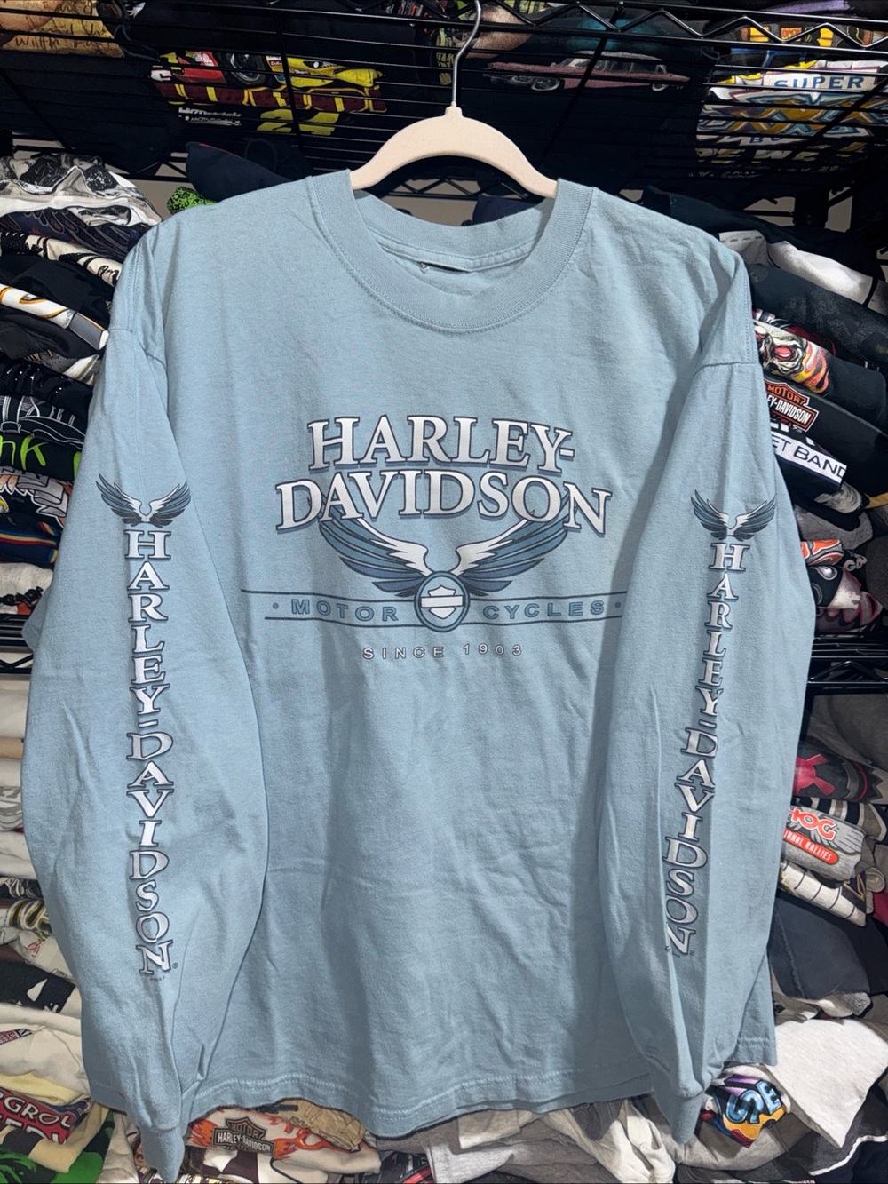 Vintage 1999 Harley Davidson Myrtle Beach Baby Blue Longsleeve Shirt Size Xl
